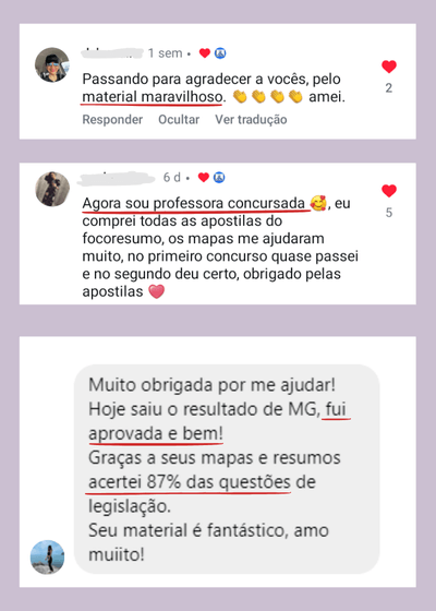 Depoimentos dos Resumos e Mapas Mentais do FOCO RESUMO para concursos públicos! direcionados ao que é cobrado nas provas, focado na sua Aprovação-5